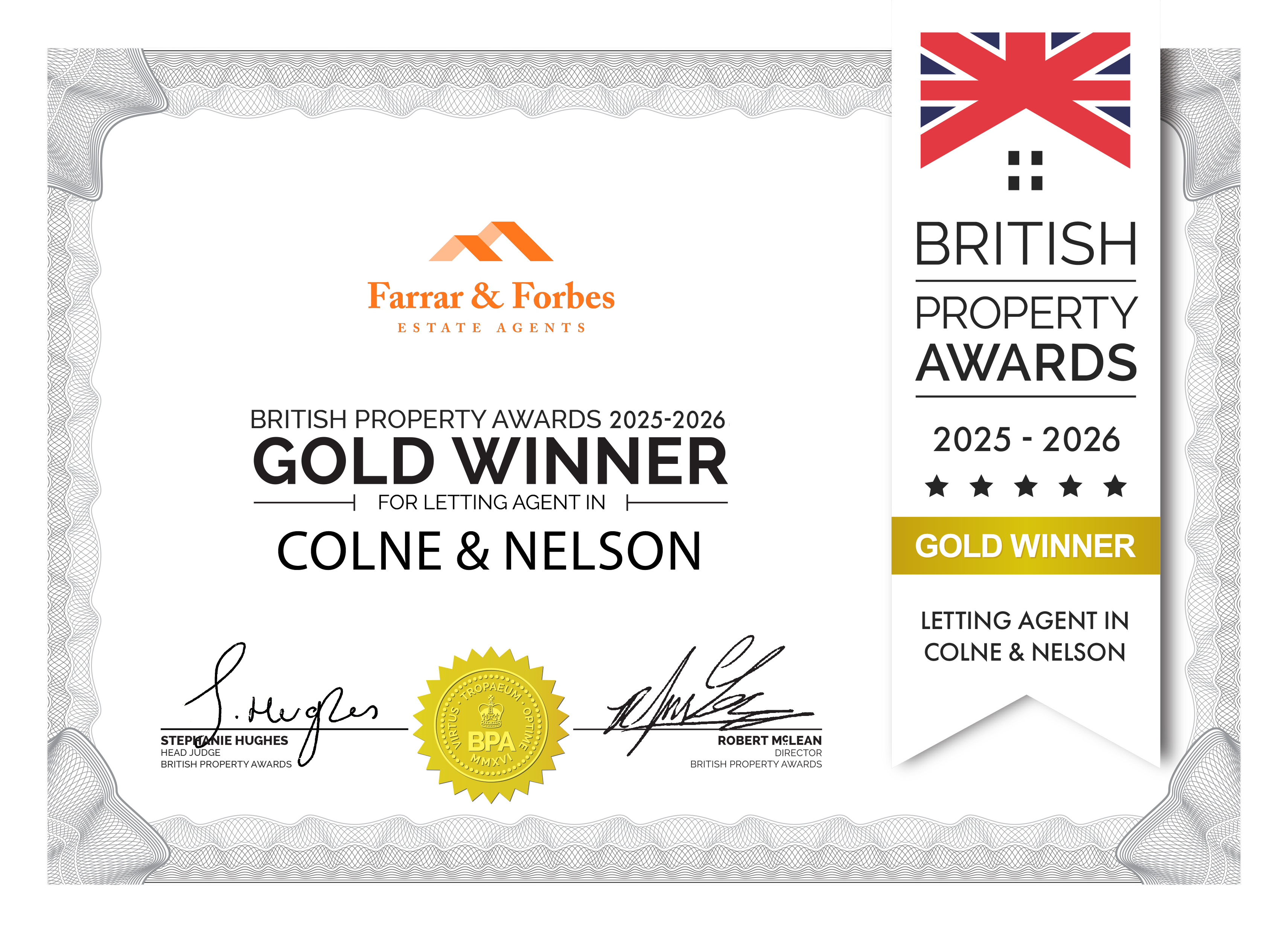 Farrar & Forbes British Property Awards Gold winner for letting agent in Colne & Nelson 2025 - 2026